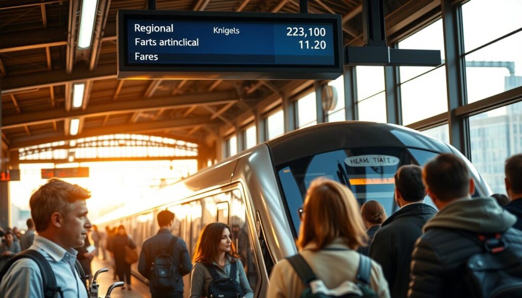 A bustling train station platform, with a digital display board showcasing regional and municipal transportation fares. In the foreground, commuters queue at ticket counters, their expressions focused as they purchase their passes. The middle ground features a modern, sleek train awaiting departure, its shiny metallic exterior reflecting the warm lighting overhead. In the background, the cityscape is visible through large windows, hinting at the interconnected nature of the regional and urban transit systems. The scene conveys a sense of efficiency and convenience, with the display board providing clear, legible pricing information for the various transportation options.