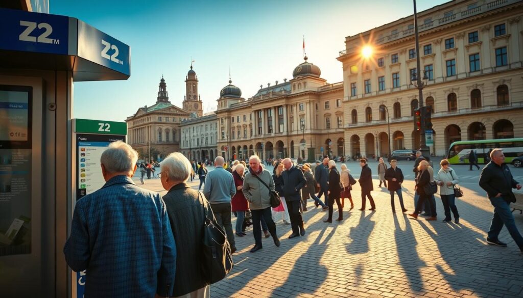 A busy city square in Warsaw, Poland, with an elderly couple in the foreground purchasing tickets from a ZTM ticket booth. The scene is bathed in warm, afternoon sunlight, casting long shadows across the cobblestones. In the middle ground, senior citizens are gathered, examining the fare options displayed on the booth's digital screens. The background is filled with the iconic architecture of Warsaw, including the Palace of Culture and Science. The mood is one of quiet activity, as the city's retirees navigate the public transportation system. The prompt aims to capture the current state of seniors' transit costs in the Polish capital. A busy city square in Warsaw, Poland, with an elderly couple in the foreground purchasing tickets from a ZTM ticket booth. The scene is bathed in warm, afternoon sunlight, casting long shadows across the cobblestones. In the middle ground, senior citizens are gathered, examining the fare options displayed on the booth's digital screens. The background is filled with the iconic architecture of Warsaw, including the Palace of Culture and Science. The mood is one of quiet activity, as the city's retirees navigate the public transportation system. The prompt aims to capture the current state of seniors' transit costs in the Polish capital.