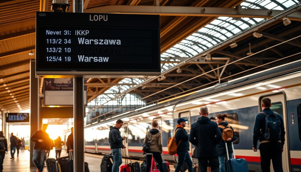A busy train station platform in Łódź, Poland. In the foreground, a display board shows the departure times and destinations, including "Warszawa" (Warsaw). Passengers stand on the platform, suitcases and bags in hand, waiting to board the awaited PKP (Polish State Railways) train. The platform is well-lit, with warm, golden lighting filtering in from above. The scene has a sense of anticipation and movement, capturing the experience of travelers journeying from Łódź to Warsaw by rail. The train's sleek, modern exterior is visible in the background, ready to depart. The overall mood is one of efficiency and practicality, befitting the transport connection between these two important Polish cities.