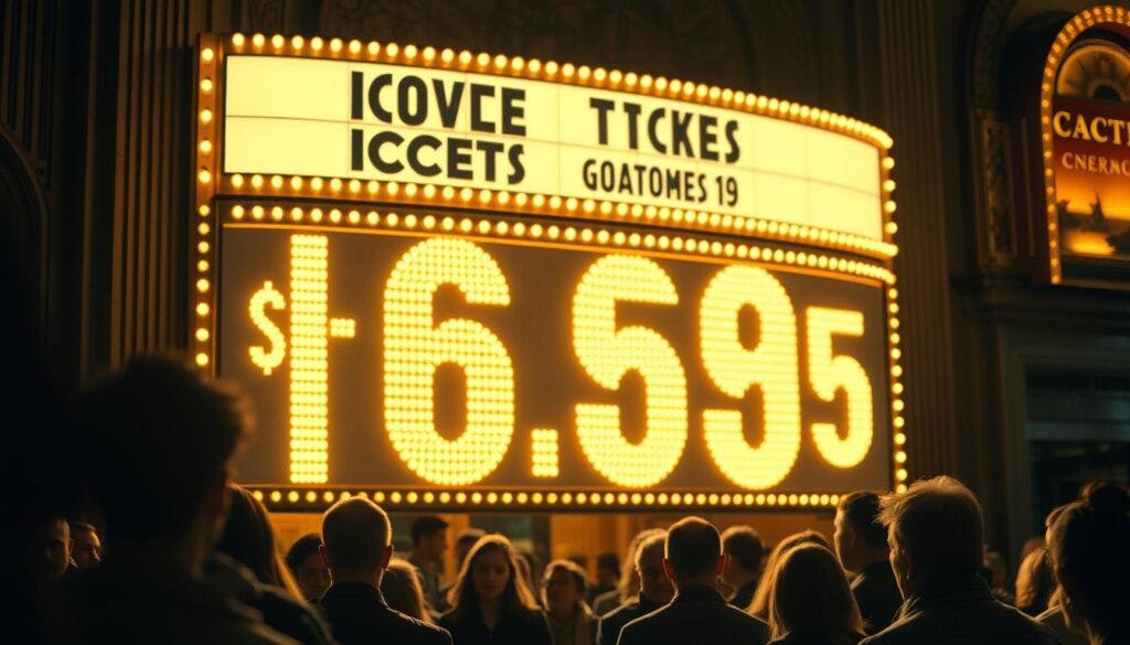 A cinema marquee illuminated by warm, golden light, showcasing the increasing price tags of movie tickets. In the foreground, the focus is drawn to the bold, animated numbers representing the steadily rising costs, casting an almost ominous glow. The middle ground features a crowd of moviegoers, their expressions a mix of concern and resignation, as they queue to purchase their tickets. The background subtly depicts the grandeur of the cinema's facade, a stark contrast to the financial burden faced by the patrons. The scene conveys a sense of unease and the steady erosion of the affordability of a once-cherished cultural experience. A cinema marquee illuminated by warm, golden light, showcasing the increasing price tags of movie tickets. In the foreground, the focus is drawn to the bold, animated numbers representing the steadily rising costs, casting an almost ominous glow. The middle ground features a crowd of moviegoers, their expressions a mix of concern and resignation, as they queue to purchase their tickets. The background subtly depicts the grandeur of the cinema's facade, a stark contrast to the financial burden faced by the patrons. The scene conveys a sense of unease and the steady erosion of the affordability of a once-cherished cultural experience.
