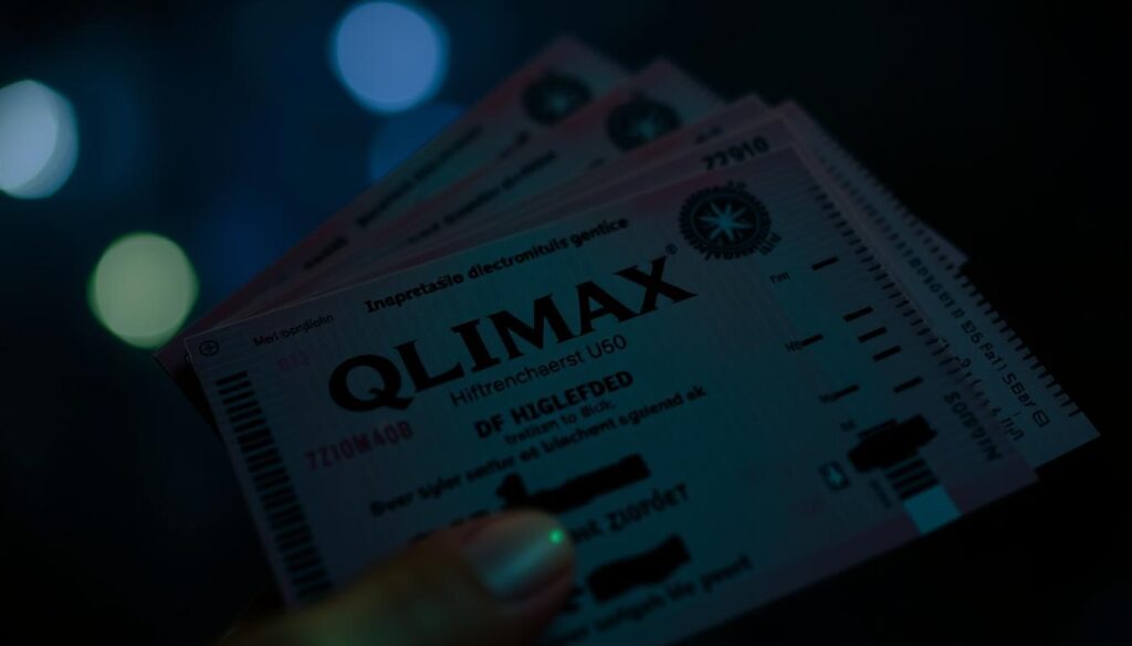 A close-up shot of several Qlimax event tickets in Dutch guilder currency, displayed against a dark, moody background. The tickets are neatly arranged, with visible details like the event logo, holographic security features, and perforated edges. The lighting is dramatic, with deep shadows and highlights that accentuate the tactile, tangible nature of the physical tickets. The overall atmosphere conveys a sense of anticipation and exclusivity, as if the viewer is about to embark on a transformative electronic music experience.