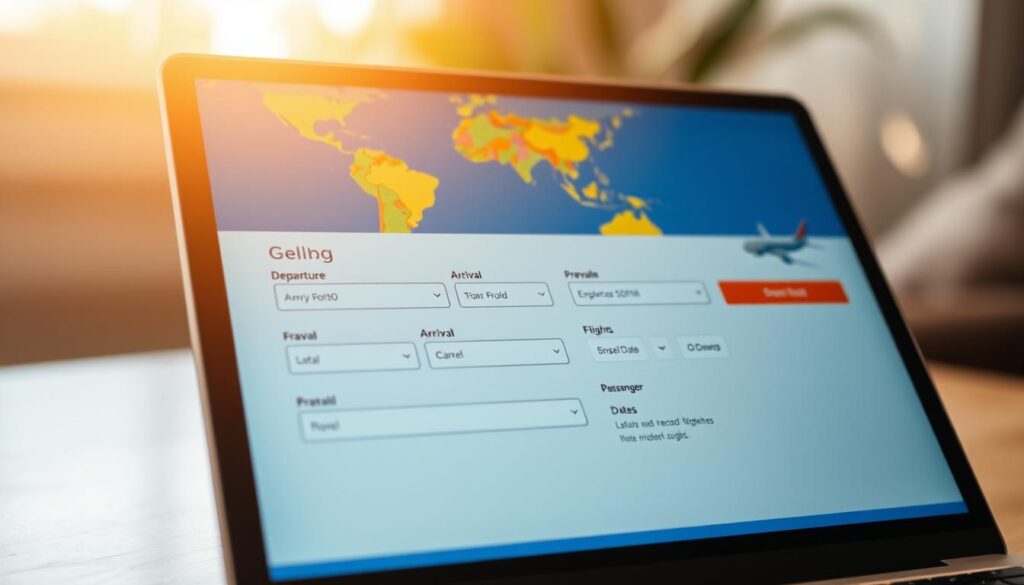 A close-up view of a laptop screen displaying an online booking platform for flights to Brazil. The screen shows a search interface with fields for departure and arrival cities, travel dates, and passenger details. In the background, a world map is visible, with Brazil highlighted in vibrant colors. The scene is illuminated by a warm, natural lighting, creating a welcoming and inviting atmosphere. The overall composition conveys the ease and accessibility of booking a trip to Brazil, with a focus on the user-friendly interface and the anticipation of the upcoming journey.