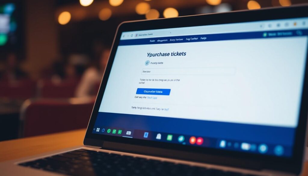 A close-up view of a laptop screen displaying an online ticket booking platform, with a focus on the "purchase tickets" button and checkout process. The screen is well-lit, with a clean and modern user interface. The background is blurred, highlighting the centrality of the booking experience. The overall mood is one of efficiency and convenience, reflecting the ease of online ticket purchasing. The image should convey a sense of the straightforward, step-by-step process of securing tickets for an event or performance. A close-up view of a laptop screen displaying an online ticket booking platform, with a focus on the "purchase tickets" button and checkout process. The screen is well-lit, with a clean and modern user interface. The background is blurred, highlighting the centrality of the booking experience. The overall mood is one of efficiency and convenience, reflecting the ease of online ticket purchasing. The image should convey a sense of the straightforward, step-by-step process of securing tickets for an event or performance.