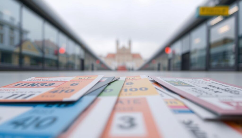 A close-up view of a variety of public transportation tickets for the city of Krakow, Poland. The foreground features a set of colorful bus tickets, with different fare options and designs, neatly arranged on a clean, minimalist background. The middle ground showcases the iconic Krakow city crest or logo, subtly incorporated into the ticket design. The background suggests a modern, urban setting, with a slight blurred effect to focus attention on the main subject. The lighting is soft and even, accentuating the tactile, printed quality of the tickets. The overall mood is one of practicality, efficiency, and civic pride, reflecting the reliable public transportation system of Krakow.