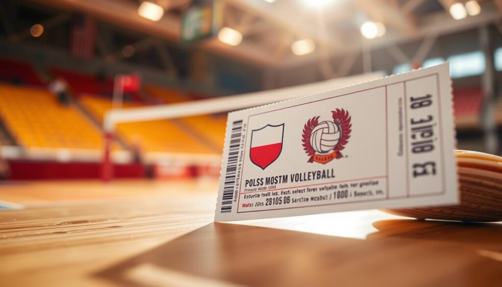 A close-up view of a volleyball match ticket with the Polish national team logo, set against a blurred background of a volleyball court. The ticket is placed on a wooden surface, illuminated by warm, natural lighting, creating a sense of anticipation and excitement. The composition emphasizes the intricate details of the ticket, such as the perforated edges, security features, and the event information, conveying the importance and value of the experience.