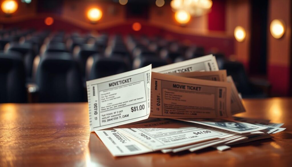 A close-up view of movie theater ticket stubs and cash on a wooden counter, with a blurred background of theater seats and decor. The tickets are neatly arranged, showcasing the pricing information in a clear, legible manner. Soft, warm lighting illuminates the scene, creating a cozy, inviting atmosphere. The overall composition highlights the key details of movie ticket costs, drawing the viewer's attention to the central focus of the image. A close-up view of movie theater ticket stubs and cash on a wooden counter, with a blurred background of theater seats and decor. The tickets are neatly arranged, showcasing the pricing information in a clear, legible manner. Soft, warm lighting illuminates the scene, creating a cozy, inviting atmosphere. The overall composition highlights the key details of movie ticket costs, drawing the viewer's attention to the central focus of the image.