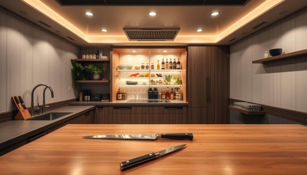 A cozy, functional kitchen dedicated to the art of sushi-making. In the foreground, a sleek, minimalist sushi bar with a polished wooden surface and a sharp knife set. Overhead, recessed lighting casts a warm glow, illuminating the pristine workspace. The middle ground features a well-organized pantry, stocked with fresh, high-quality ingredients - vibrant vegetables, premium seafood, and an array of sauces and seasonings. In the background, a serene Japanese-inspired aesthetic, with clean lines, natural materials, and a calming palette of grays, whites, and wood tones. The atmosphere is one of focused culinary exploration, where the sushi chef can effortlessly transform the finest raw ingredients into edible works of art. A cozy, functional kitchen dedicated to the art of sushi-making. In the foreground, a sleek, minimalist sushi bar with a polished wooden surface and a sharp knife set. Overhead, recessed lighting casts a warm glow, illuminating the pristine workspace. The middle ground features a well-organized pantry, stocked with fresh, high-quality ingredients - vibrant vegetables, premium seafood, and an array of sauces and seasonings. In the background, a serene Japanese-inspired aesthetic, with clean lines, natural materials, and a calming palette of grays, whites, and wood tones. The atmosphere is one of focused culinary exploration, where the sushi chef can effortlessly transform the finest raw ingredients into edible works of art.