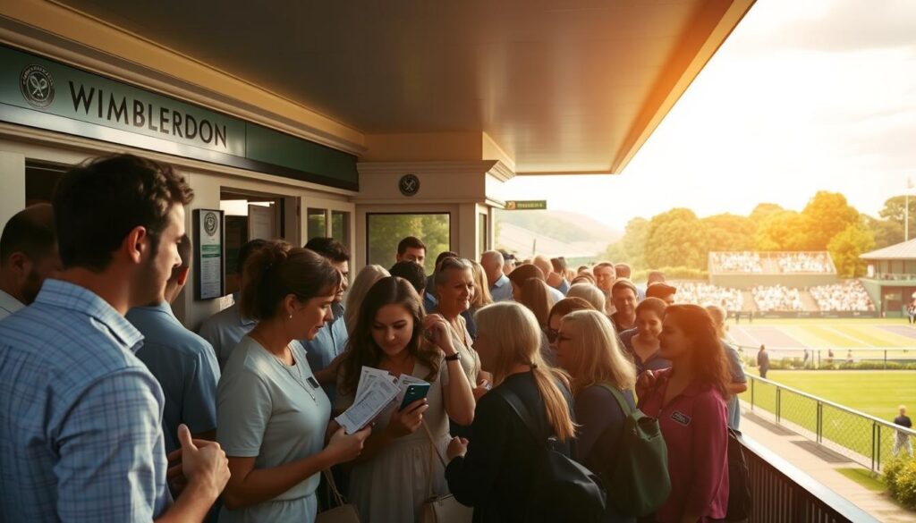 A crowded ticket office in Wimbledon, with a long line of tennis fans eagerly waiting to purchase tickets. The scene is bathed in a warm, golden light, capturing the excitement and anticipation of the grand slam event. In the foreground, a group of spectators compare ticket options and discuss strategies, their expressions focused and determined. The middle ground features the ticket booth, with its iconic Wimbledon branding and a team of friendly staff assisting the patrons. In the background, the iconic Wimbledon grounds can be seen, with the famous Centre Court and lush, verdant landscaping setting the stage for the prestigious tournament. A crowded ticket office in Wimbledon, with a long line of tennis fans eagerly waiting to purchase tickets. The scene is bathed in a warm, golden light, capturing the excitement and anticipation of the grand slam event. In the foreground, a group of spectators compare ticket options and discuss strategies, their expressions focused and determined. The middle ground features the ticket booth, with its iconic Wimbledon branding and a team of friendly staff assisting the patrons. In the background, the iconic Wimbledon grounds can be seen, with the famous Centre Court and lush, verdant landscaping setting the stage for the prestigious tournament.