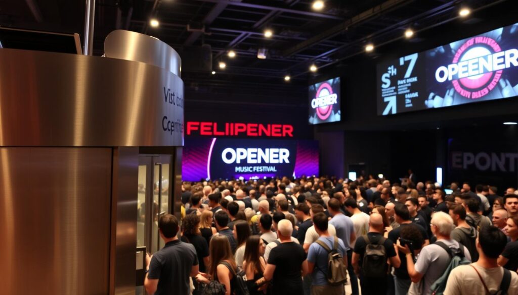 A crowded, well-lit indoor venue with a prominent ticket booth in the foreground. The booth is made of sleek, modern materials like brushed metal and glass, creating a professional and inviting atmosphere. In the middle ground, a throng of people are lined up, eagerly awaiting their turn to purchase tickets. The background features the venue's branding and signage, clearly indicating this is the entry point for the Opener music festival. The overall scene conveys a sense of anticipation and excitement, reflecting the energy and popularity of this major event.