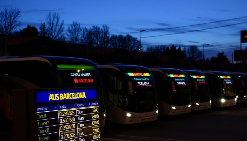 A dimly lit bus station at twilight, with a row of sleek, modern coach buses waiting to depart for Barcelona. The buses feature bold, colorful branding and logos, their headlights illuminating the scene. In the foreground, a display board shows departure times and ticket prices, inviting travelers to plan their journey. The atmosphere is one of anticipation and adventure, with a touch of urban grit, as passengers hustle to board their buses and begin their travels to the vibrant city of Barcelona.