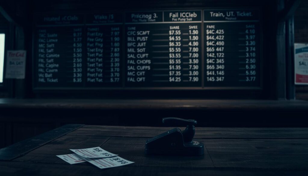 A dimly lit, close-up view of a wooden train station counter with various train ticket pricing information displayed on a board behind it. The counter is made of distressed, weathered wood and has a well-worn, utilitarian appearance. In the foreground, a few scattered train tickets and a vintage-style ticket punch lie on the counter, creating a sense of place and activity. The lighting is soft and muted, casting subtle shadows and highlights that convey a sense of tranquility and contemplation. The overall atmosphere is one of quiet contemplation, inviting the viewer to consider the cost and practicality of train travel.