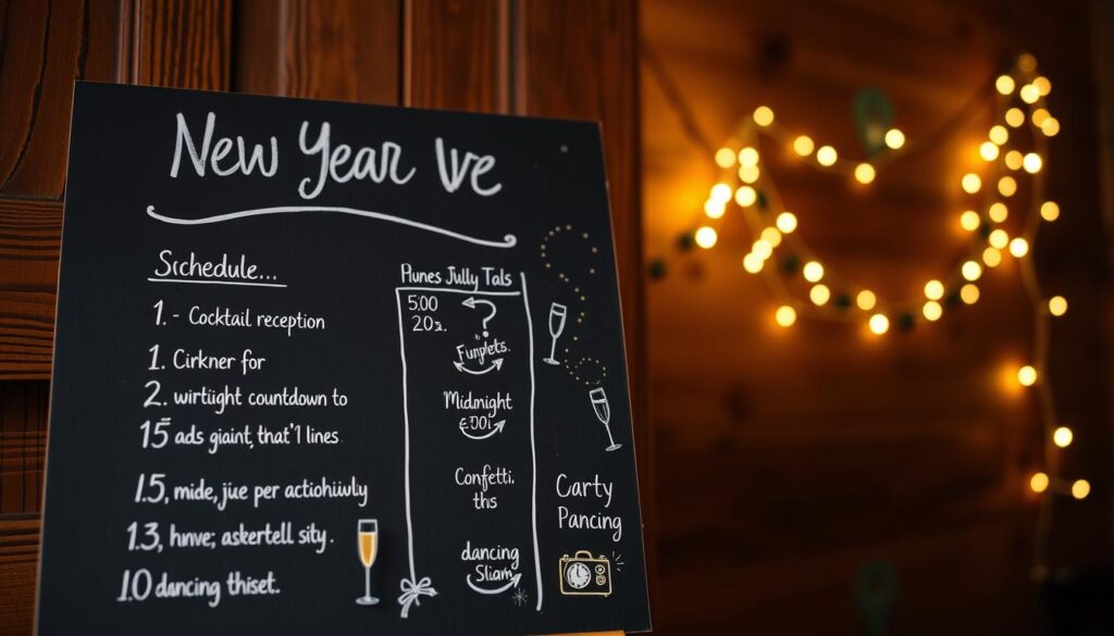 A festive New Year's Eve party plan displayed on a chalkboard against a warm, cozy wooden backdrop. In the foreground, a detailed schedule showcases the evening's key events - cocktail reception, dinner, midnight countdown, and dancing. The middle ground features miniature party icons like champagne flutes, confetti, and clocks. The background has a softly blurred garland of twinkling fairy lights, adding a celebratory ambiance. Subtle lens flares and a muted color palette create a sophisticated, intimate atmosphere suitable for a high-end holiday gathering.