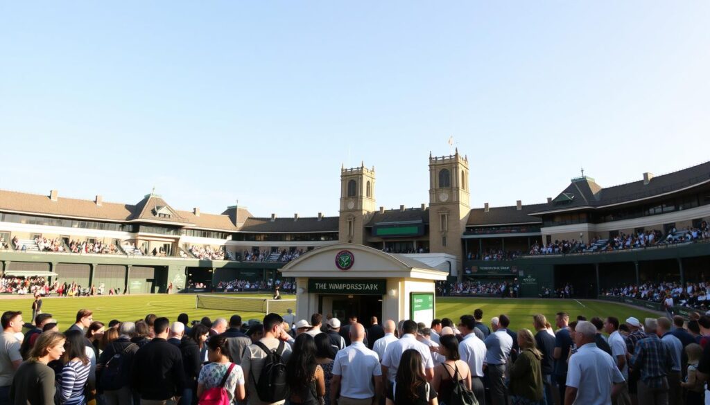 A grand, manicured tennis venue with the iconic Wimbledon Championships signage prominently displayed. In the foreground, a queue of excited tennis fans patiently waiting to purchase tickets at the centrally-located box office. The scene is bathed in warm, golden afternoon light, creating a sense of anticipation and energy. The middle ground features the grand, historic architecture of the Wimbledon grounds, with towering stands and scoreboards visible in the background. A clear, cloudless sky overhead completes the quintessential Wimbledon atmosphere.