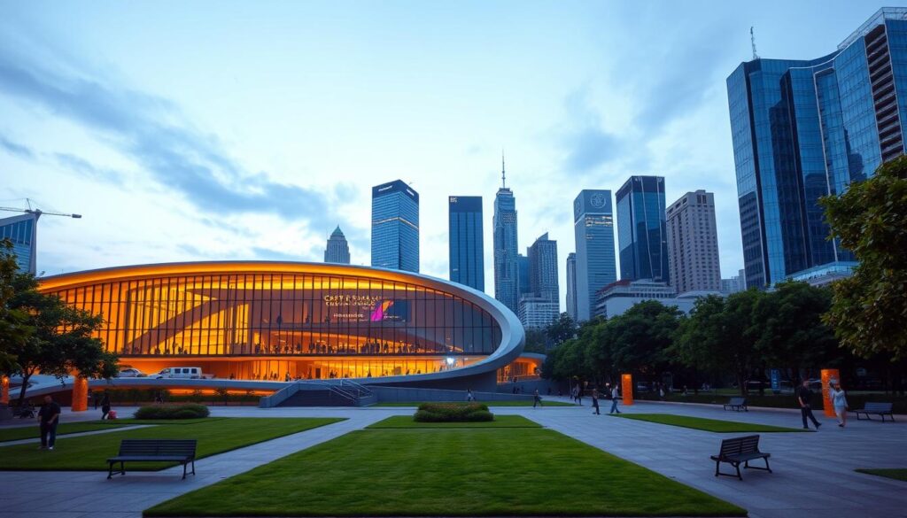 A grand, modern museum building with a sleek, glass-and-steel exterior stands prominently in the foreground. The façade is illuminated by warm, golden lighting, casting a welcoming glow. In the middle ground, a well-manicured plaza with lush greenery and benches invites visitors to linger. The background features a cityscape of towering skyscrapers, creating an urban, cosmopolitan atmosphere. The overall scene conveys a sense of educational excellence, scientific exploration, and cultural significance befitting the Centrum Nauki Kopernik. The image should capture the essence of a premier science museum and the cost of admission.