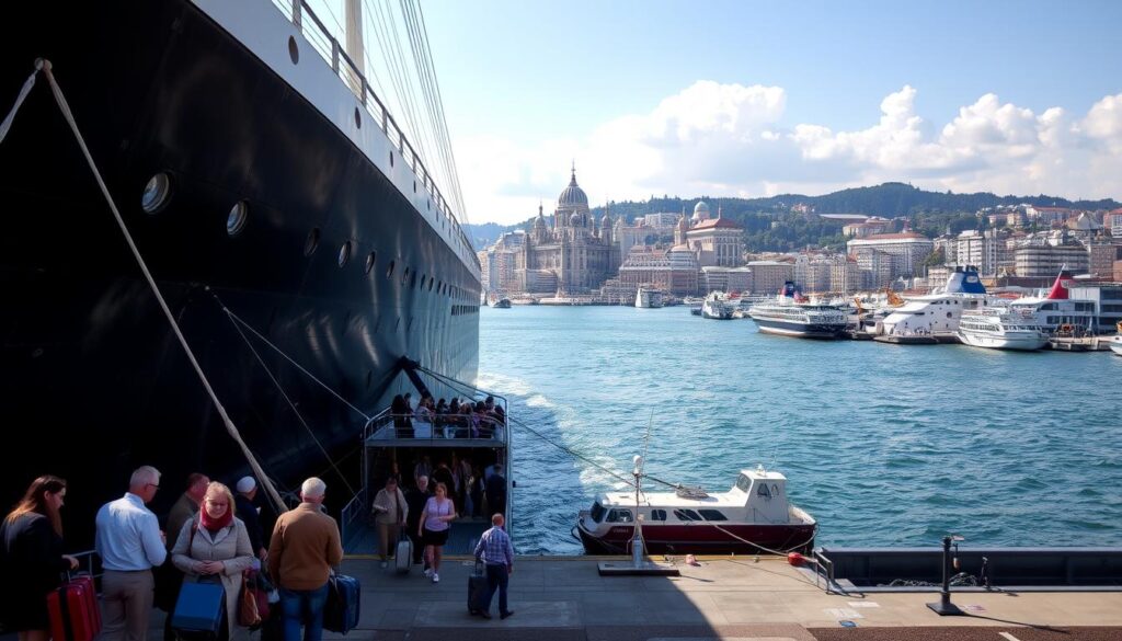 A grand ocean liner, its sleek hull gleaming in the sunlight, docked at a bustling harbor along the Polish coastline. Passengers carrying luggage board the ship, eager to embark on a transatlantic journey to the United States. The towering superstructure casts a majestic shadow over the quayside, its funnels exhaling plumes of steam. In the background, the cityscape of a Polish port city rises, its iconic architecture and bustling activity providing a sense of context. The scene is imbued with a sense of adventure and anticipation, capturing the essence of the journey from Poland to the USA by sea.