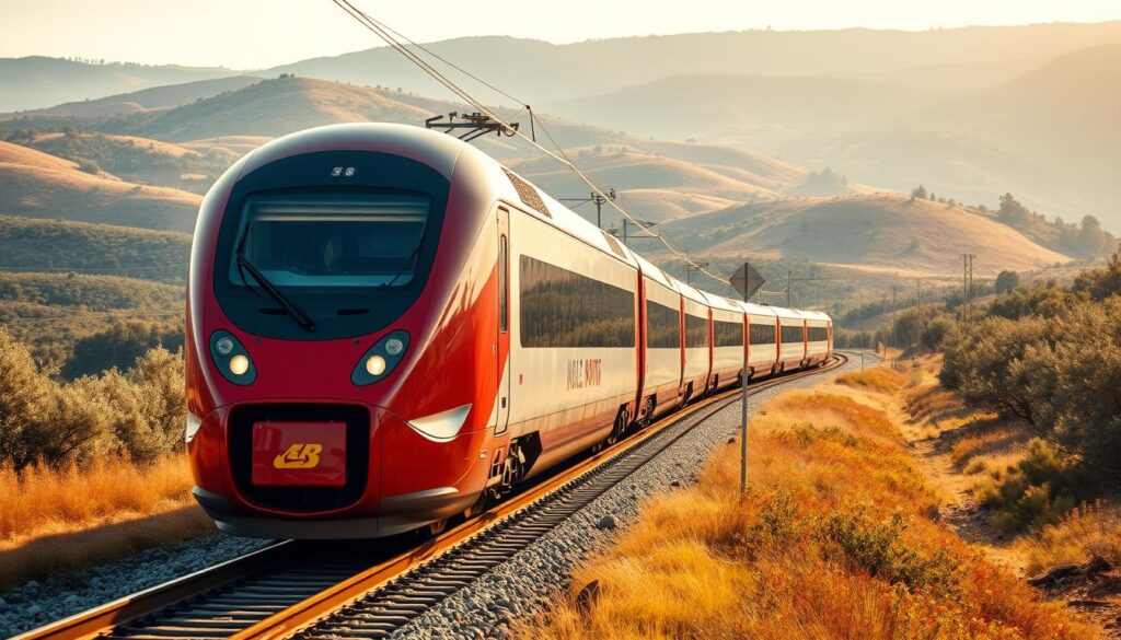 A high-speed train rushing through the Spanish countryside, sleek and modern, with a bold red and silver exterior. The train is seen from a slightly elevated angle, with the foreground showcasing the powerful engine and front end, while the middle ground reveals the carriages and windows. In the background, rolling hills and olive groves create a picturesque Catalan landscape, bathed in warm, golden afternoon light. The scene conveys a sense of efficiency, adventure, and the anticipation of arriving in the vibrant city of Barcelona.