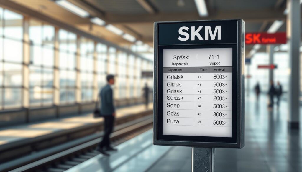 A highly detailed, photorealistic digital illustration of a SKM (Szybka Kolej Miejska) train schedule board, showcasing the departure and arrival times for trains traveling between Gdańsk and Sopot. The board is positioned in the foreground, with a clean, minimalist design and crisp, legible typography. The background features a blurred, out-of-focus view of a modern train station platform, with people silhouetted in the distance, conveying a sense of activity and movement. The lighting is soft and natural, creating a calm, professional atmosphere. The camera angle is slightly elevated, providing a clear and unobstructed view of the schedule board. The overall composition and attention to detail effectively communicate the subject matter and support the article's section title. A highly detailed, photorealistic digital illustration of a SKM (Szybka Kolej Miejska) train schedule board, showcasing the departure and arrival times for trains traveling between Gdańsk and Sopot. The board is positioned in the foreground, with a clean, minimalist design and crisp, legible typography. The background features a blurred, out-of-focus view of a modern train station platform, with people silhouetted in the distance, conveying a sense of activity and movement. The lighting is soft and natural, creating a calm, professional atmosphere. The camera angle is slightly elevated, providing a clear and unobstructed view of the schedule board. The overall composition and attention to detail effectively communicate the subject matter and support the article's section title.