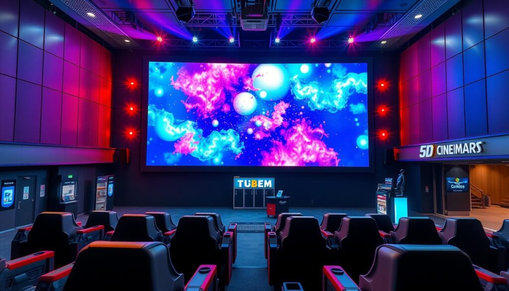 A large cinema screen displays a vibrant, immersive 5D theater experience. The screen is surrounded by dynamic lighting and special effects equipment, casting a futuristic, high-tech ambiance. In the foreground, theater seats equipped with motion simulators and environmental effects like wind, water, and scent await eager moviegoers. The middle ground features a ticket booth and concession stand, showcasing the cinematic offerings. In the background, a sleek, modern exterior with clean architectural lines and digital signage completes the advanced, state-of-the-art 5D cinema setting. Lighting is balanced, with a combination of bright, focused spotlights and subtle ambient illumination to heighten the cinematic atmosphere. A large cinema screen displays a vibrant, immersive 5D theater experience. The screen is surrounded by dynamic lighting and special effects equipment, casting a futuristic, high-tech ambiance. In the foreground, theater seats equipped with motion simulators and environmental effects like wind, water, and scent await eager moviegoers. The middle ground features a ticket booth and concession stand, showcasing the cinematic offerings. In the background, a sleek, modern exterior with clean architectural lines and digital signage completes the advanced, state-of-the-art 5D cinema setting. Lighting is balanced, with a combination of bright, focused spotlights and subtle ambient illumination to heighten the cinematic atmosphere.