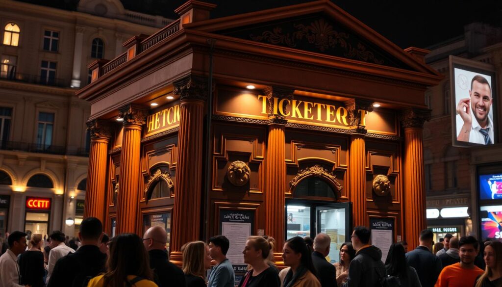 A large event ticket booth situated in a bustling town square, with a striking architectural style featuring ornate columns and intricate carvings. The booth is illuminated by warm, focused lighting, casting dramatic shadows and highlights across its surface. In the foreground, a group of people stand in line, their faces visible and expressions conveying anticipation as they wait to purchase tickets. The background is blurred, suggesting the energy and activity of the surrounding area. The overall scene evokes a sense of excitement and anticipation for the upcoming event.