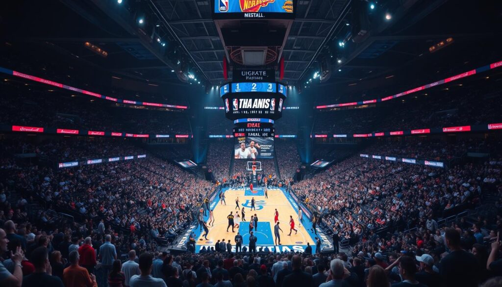 A large, modern basketball stadium filled with spectators, seen from a wide angle. The court is brightly lit, with players in their team uniforms engaged in an intense game. The stands are packed with excited fans, some holding up jerseys and banners. The atmosphere is electric, capturing the thrill and energy of an NBA match. The scene is captured with a cinematic, high-quality lens, showcasing the impressive scale and atmosphere of the event. The lighting is dramatic, with a mix of warm and cool tones creating a vibrant, immersive feel. The overall impression is one of the excitement, anticipation, and the high-stakes of an NBA game.