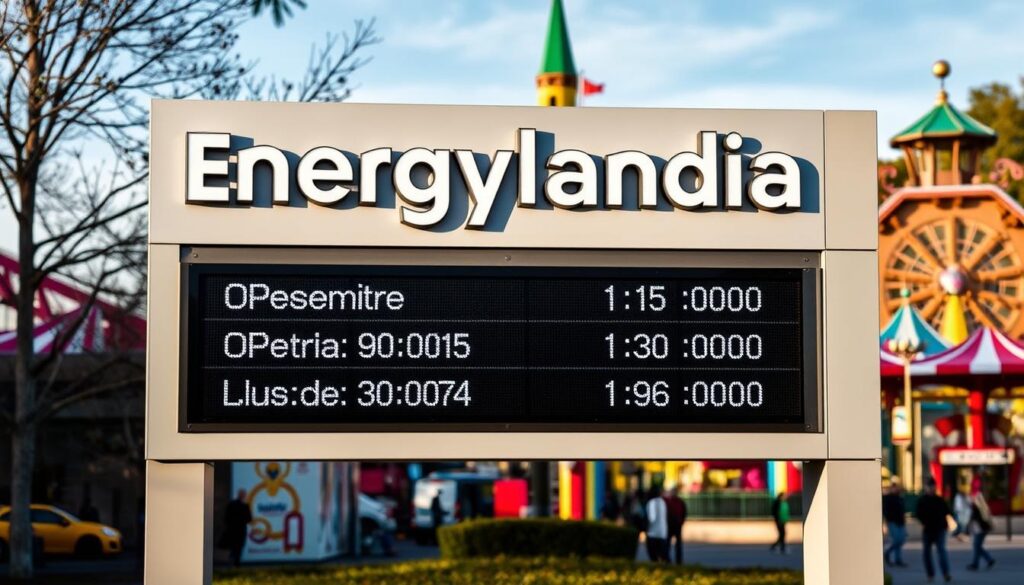 A large, modern sign displaying the opening hours of Energylandia amusement park, set against a backdrop of the park's entrance with colorful rides and attractions visible in the distance. The sign is well-lit, with crisp, legible typography showcasing the opening and closing times in both Polish and English. The overall scene conveys a sense of excitement and anticipation, inviting visitors to plan their day at the popular theme park.