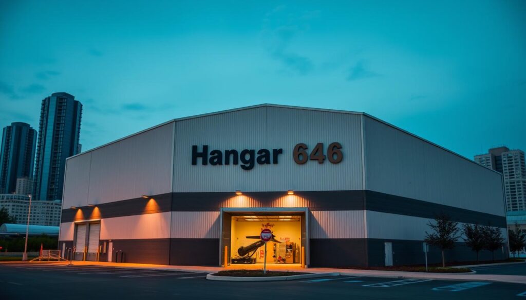 A large, modern warehouse building with a prominent "Hangar 646" sign in bold letters over the entrance. The structure is set against a backdrop of a city skyline, with tall office towers and apartment buildings visible in the distance. The front of the building is well-lit, with warm, inviting lighting illuminating the entryway. The surrounding area is clean and well-maintained, with a small parking lot in the foreground. The overall atmosphere conveys a sense of excitement and anticipation, hinting at the indoor attractions and entertainment waiting within. A large, modern warehouse building with a prominent "Hangar 646" sign in bold letters over the entrance. The structure is set against a backdrop of a city skyline, with tall office towers and apartment buildings visible in the distance. The front of the building is well-lit, with warm, inviting lighting illuminating the entryway. The surrounding area is clean and well-maintained, with a small parking lot in the foreground. The overall atmosphere conveys a sense of excitement and anticipation, hinting at the indoor attractions and entertainment waiting within.