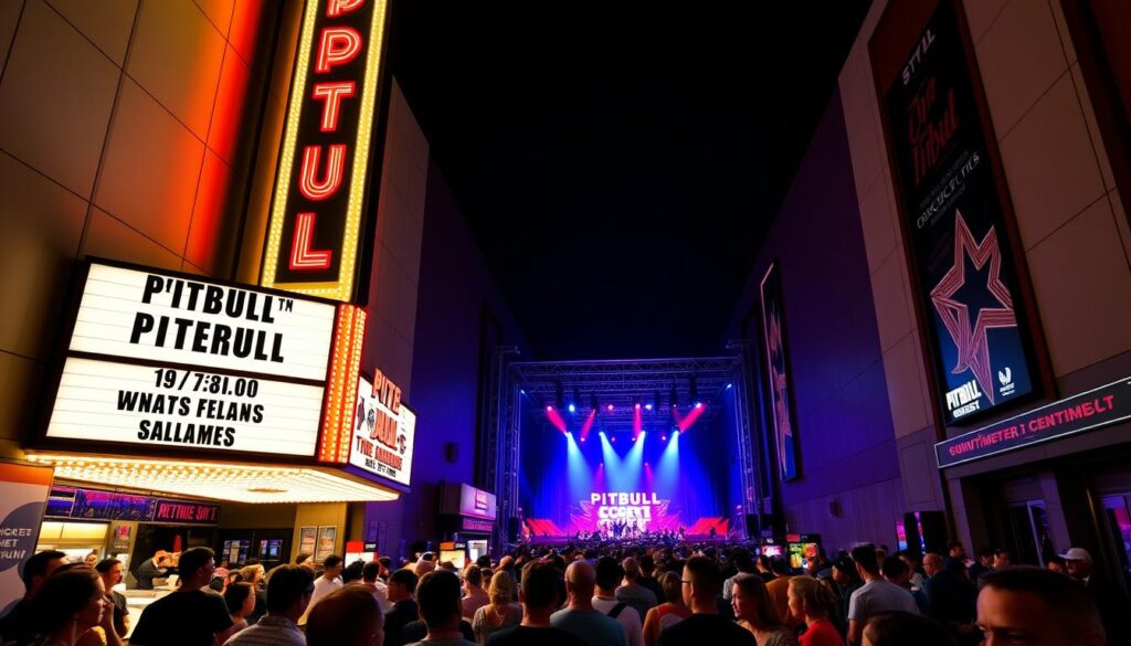 A large movie theater marquee illuminates the night, showcasing the showtimes for a Pitbull concert film. The marquee features bold, neon-lit letters against a sleek, modern facade. In the foreground, a crowd of eager fans gathers, dressed in vibrant, party-ready attire. The middle ground captures the bustling lobby, with concession stands and ticket booths abuzz with activity. In the background, the auditorium doors stand open, offering a glimpse of the stage and lighting rig, hinting at the high-energy performance to come. The overall scene conveys the electric atmosphere of a Pitbull concert event, setting the stage for an immersive cinematic experience. A large movie theater marquee illuminates the night, showcasing the showtimes for a Pitbull concert film. The marquee features bold, neon-lit letters against a sleek, modern facade. In the foreground, a crowd of eager fans gathers, dressed in vibrant, party-ready attire. The middle ground captures the bustling lobby, with concession stands and ticket booths abuzz with activity. In the background, the auditorium doors stand open, offering a glimpse of the stage and lighting rig, hinting at the high-energy performance to come. The overall scene conveys the electric atmosphere of a Pitbull concert event, setting the stage for an immersive cinematic experience.