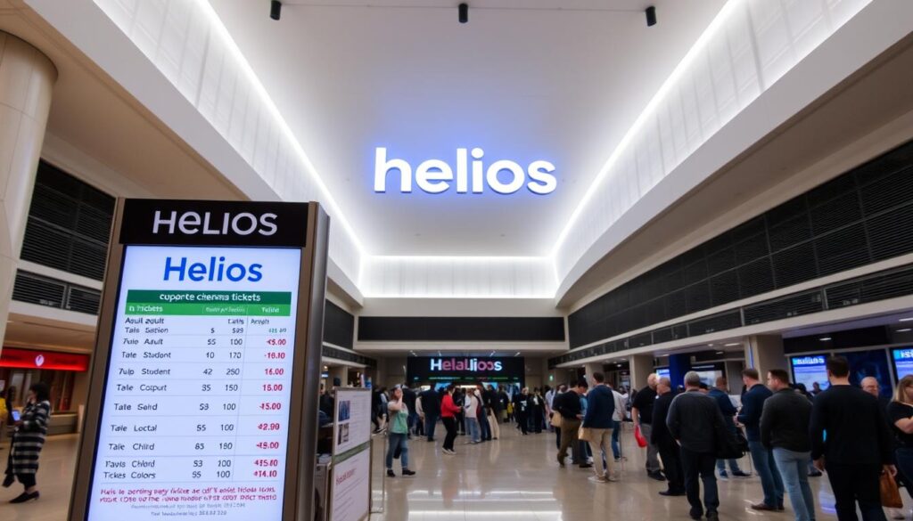 A large, well-lit interior of a modern cinema complex, with the Helios logo prominently displayed. In the foreground, a display board shows the prices for various ticket types, including adult, student, and child tickets, as well as any ongoing promotions. The middle ground features orderly queues of people waiting to purchase tickets, creating a sense of bustling activity. The background showcases the sleek, contemporary design of the cinema's architecture, with clean lines and natural lighting. The overall tone is one of efficiency and professionalism, conveying the reliable and accessible nature of the Helios cinema experience. A large, well-lit interior of a modern cinema complex, with the Helios logo prominently displayed. In the foreground, a display board shows the prices for various ticket types, including adult, student, and child tickets, as well as any ongoing promotions. The middle ground features orderly queues of people waiting to purchase tickets, creating a sense of bustling activity. The background showcases the sleek, contemporary design of the cinema's architecture, with clean lines and natural lighting. The overall tone is one of efficiency and professionalism, conveying the reliable and accessible nature of the Helios cinema experience.
