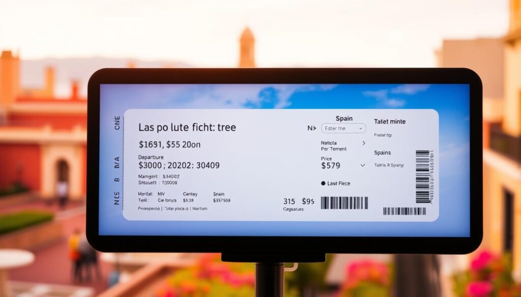 A last-minute airline ticket to Spain, displayed on a digital screen. The ticket details are prominently featured, showcasing the departure and arrival cities, dates, and price. The background is a blend of warm, vibrant colors, evoking the spirit of Spain - terracotta buildings, vibrant flora, and a clear, azure sky. The lighting is soft and diffused, creating a sense of anticipation and excitement for the impending journey. The composition emphasizes the centrality of the ticket information, drawing the viewer's attention to the key details that would be relevant for the article's section on last-minute flight prices to Spain. A last-minute airline ticket to Spain, displayed on a digital screen. The ticket details are prominently featured, showcasing the departure and arrival cities, dates, and price. The background is a blend of warm, vibrant colors, evoking the spirit of Spain - terracotta buildings, vibrant flora, and a clear, azure sky. The lighting is soft and diffused, creating a sense of anticipation and excitement for the impending journey. The composition emphasizes the centrality of the ticket information, drawing the viewer's attention to the key details that would be relevant for the article's section on last-minute flight prices to Spain.