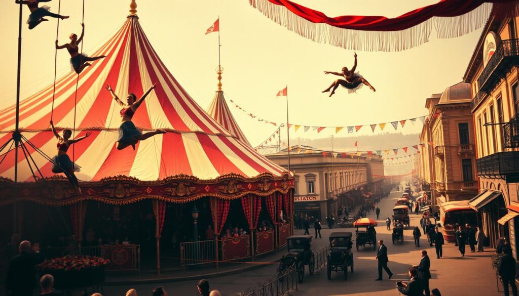A lively scene of the historic Polonia Circus, captured in a vibrant, nostalgic hue. In the foreground, acrobats gracefully soar through the air, their colorful costumes and lithe movements captivating the audience below. The middle ground features the ornate, vintage circus tent, its striped canvas and gilded trimmings evoking a bygone era of wonder and excitement. In the background, the bustling city streets of a bygone era come into view, with horse-drawn carriages and pedestrians adding to the timeless atmosphere. The lighting is warm and dreamlike, casting a soft, romantic glow over the entire scene, inviting the viewer to step back in time and experience the magic of the Polonia Circus. A lively scene of the historic Polonia Circus, captured in a vibrant, nostalgic hue. In the foreground, acrobats gracefully soar through the air, their colorful costumes and lithe movements captivating the audience below. The middle ground features the ornate, vintage circus tent, its striped canvas and gilded trimmings evoking a bygone era of wonder and excitement. In the background, the bustling city streets of a bygone era come into view, with horse-drawn carriages and pedestrians adding to the timeless atmosphere. The lighting is warm and dreamlike, casting a soft, romantic glow over the entire scene, inviting the viewer to step back in time and experience the magic of the Polonia Circus.
