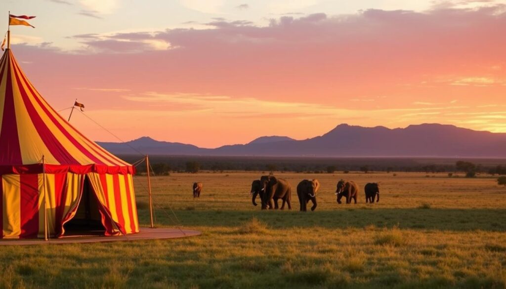 A lush, expansive savanna landscape at golden hour, with a classic big top circus tent in the foreground. The circus tent is adorned with vibrant stripes and flags, casting warm, inviting shadows across the grassy ground. In the middle ground, a herd of majestic African elephants strolls by, their trunks reaching up towards the setting sun. In the distant background, rugged mountains rise up, silhouetted against a breathtaking orange and pink sky. The scene exudes a sense of adventure, wonder, and the exotic allure of a safari-themed circus. A lush, expansive savanna landscape at golden hour, with a classic big top circus tent in the foreground. The circus tent is adorned with vibrant stripes and flags, casting warm, inviting shadows across the grassy ground. In the middle ground, a herd of majestic African elephants strolls by, their trunks reaching up towards the setting sun. In the distant background, rugged mountains rise up, silhouetted against a breathtaking orange and pink sky. The scene exudes a sense of adventure, wonder, and the exotic allure of a safari-themed circus.