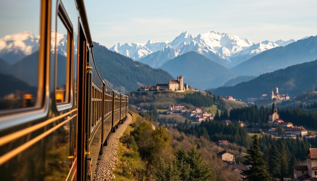 A lush, panoramic view of the iconic Orient Express railway, its sleek steel coaches gliding through a picturesque European landscape. The foreground features the train's elegant silhouette, its polished brass fittings and Art Nouveau-inspired design elements casting a warm, golden glow under the soft, diffused lighting. In the middle ground, rolling hills and dense forests stretch out, dotted with charming villages and medieval castles. The background is dominated by majestic snow-capped peaks, their jagged profiles reaching towards a cloudless, azure sky. An atmosphere of timeless elegance, adventure, and romance permeates the scene, capturing the essence of this legendary train journey.