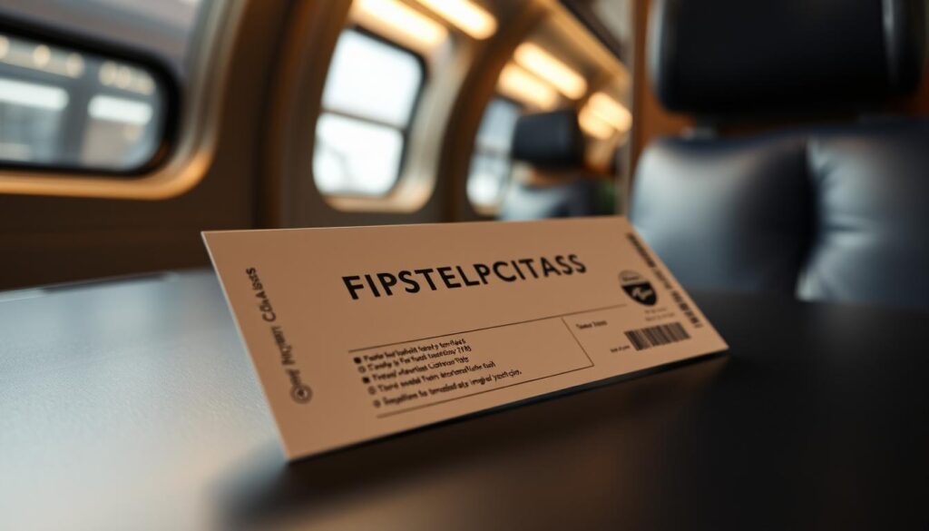 A luxurious first-class Intercity train ticket, resting on a sleek, dark-colored table. The ticket is crisp and pristine, its edges neatly trimmed, and its design exudes a sense of sophistication. The lighting is soft and warm, creating a subdued, high-end ambiance. The background is blurred, with hints of the train's interior visible, suggesting a comfortable, premium travel experience. The angle is slightly elevated, giving the viewer a sense of the ticket's importance and the attention to detail in the Intercity class. The overall mood is one of elegance, exclusivity, and the promise of a premium journey.