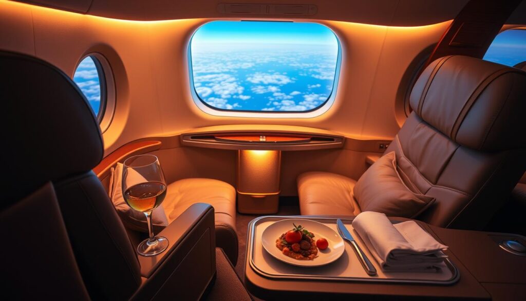 A luxurious first-class cabin aboard an Emirates aircraft, bathed in warm, soft lighting. The plush leather seats recline elegantly, offering ample legroom and privacy. In the foreground, a glass of fine wine and a gourmet meal are displayed on a pristine dining tray, hinting at the exceptional in-flight service. In the middle ground, the cabin features thoughtful design elements like wooden accents and subtle mood lighting, creating an atmosphere of refined opulence. Through the windows, a breathtaking aerial view of the world below unfolds, with clouds and distant landscapes visible. The overall scene conveys a sense of unparalleled comfort, exclusivity, and the sheer indulgence of traveling in Emirates' first-class.