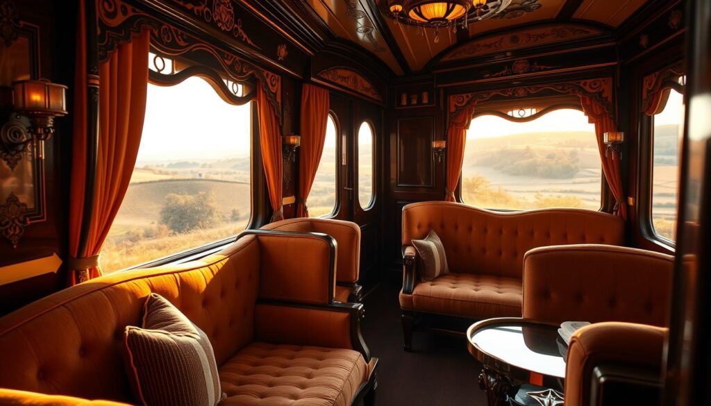 A luxurious first-class cabin aboard the iconic Orient Express train, illuminated by warm, golden lighting filtering through ornate windows. The lush, plush seating and elegant, dark wood furnishings evoke a sense of timeless sophistication. Intricate art deco details and polished brass accents adorn the interior, creating an atmosphere of refined opulence. Outside, the train glides effortlessly through a picturesque European countryside, with rolling hills and quaint villages blurring past. The tranquil, unhurried pace and lavish accommodations of the Orient Express offer passengers a truly indulgent and memorable travel experience.