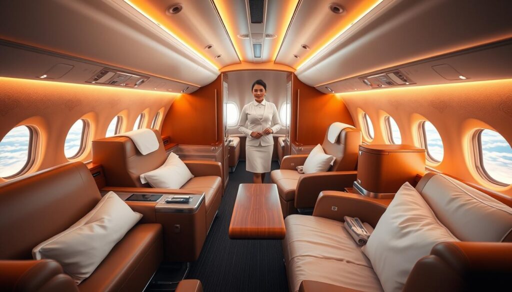 A luxurious first-class cabin on an Emirates aircraft, bathed in warm lighting and elegantly appointed. The foreground features plush leather seats, pristine white linens, and a sleek wooden center table. In the middle ground, a flight attendant in a crisp uniform offers impeccable service. The background reveals the vast expanse of the sky through large, panoramic windows, creating a sense of tranquility and exclusivity. The overall scene conveys the opulence and attention to detail that defines the Emirates first-class experience.