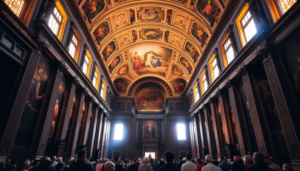 A majestic interior of the Sistine Chapel, its ornate vaulted ceilings and walls adorned with Michelangelo's renowned frescoes. Warm, golden light filters through the stained glass windows, casting a reverent glow upon the expansive space. Visitors stand in awe, their gaze drawn upwards towards the iconic depiction of the Creation of Adam. The atmosphere is one of tranquility and contemplation, inviting the viewer to immerse themselves in the chapel's timeless grandeur and artistic brilliance.