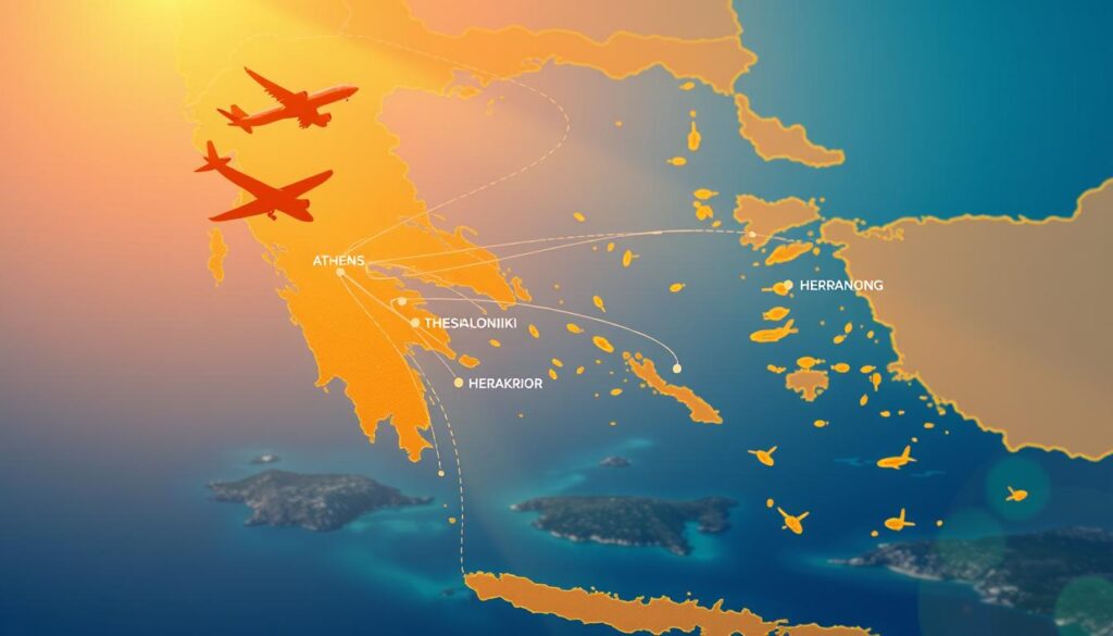 A map of Greece illuminated by warm, golden lighting, showcasing the major airports and flight routes connecting the country. The foreground features the silhouettes of commercial airliners soaring across a vibrant, cloudless sky. In the middle ground, the map highlights the prominent international airports, such as Athens, Thessaloniki, and Heraklion, with distinct markers. The background gently fades into a serene, azure-tinted landscape, capturing the picturesque islands and coastlines that characterize the Greek archipelago. The overall composition conveys a sense of connectivity, accessibility, and the allure of Greece as a premier travel destination. A map of Greece illuminated by warm, golden lighting, showcasing the major airports and flight routes connecting the country. The foreground features the silhouettes of commercial airliners soaring across a vibrant, cloudless sky. In the middle ground, the map highlights the prominent international airports, such as Athens, Thessaloniki, and Heraklion, with distinct markers. The background gently fades into a serene, azure-tinted landscape, capturing the picturesque islands and coastlines that characterize the Greek archipelago. The overall composition conveys a sense of connectivity, accessibility, and the allure of Greece as a premier travel destination.