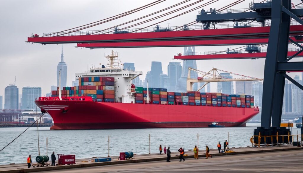 A massive cargo ship dominates the foreground, its hull painted in the colors of the Polish flag. The vessel gently sways in the calm waters of the port, its massive cranes and containers ready to transport goods across the vast Atlantic. In the middle ground, workers scurry about, loading and unloading the ship with efficiency. The background reveals the skyline of a bustling American city, its towering skyscrapers reaching towards the hazy, overcast sky. The scene conveys a sense of international commerce and the seamless flow of goods between Poland and the United States, reflecting the realities of modern maritime transport.