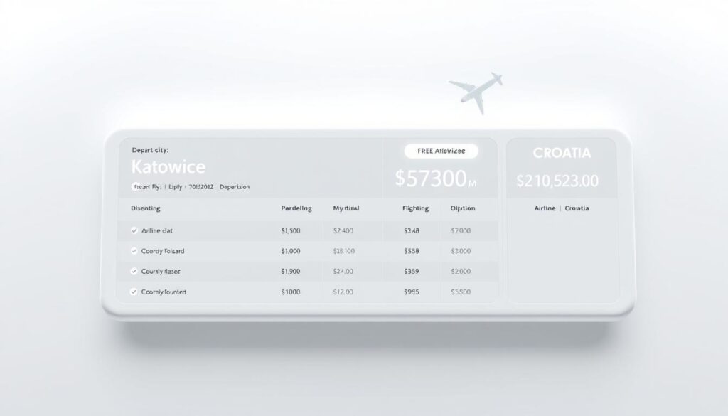 A modern and minimalist airline ticket price comparison for flights from Katowice, Poland to Croatia. The scene features a clean, white background with a sleek, futuristic interface displaying flight details and pricing information. The layout is organized, with clear sections for departure city, destination, airline options, and cost breakdowns. The design conveys a sense of efficiency and professionalism, allowing the viewer to easily understand the pricing and options available for travel from Katowice to Croatia.