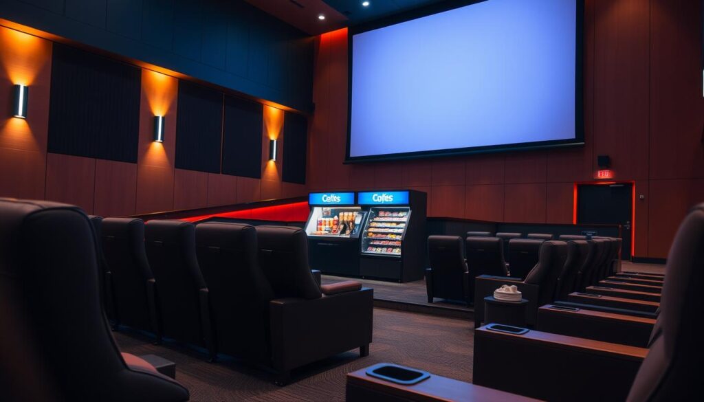 A modern movie theater interior, bathed in warm, ambient lighting. The focus is on the various amenities and conveniences on offer, including plush, reclining seats, ample legroom, and cup holders. In the middle ground, a self-service concession stand with an array of snacks and beverages. The background features a large projection screen, with sleek, minimalist decor and architectural details that create a comfortable, inviting atmosphere. The overall scene conveys a sense of luxury and relaxation, catering to the needs and preferences of moviegoers. A modern movie theater interior, bathed in warm, ambient lighting. The focus is on the various amenities and conveniences on offer, including plush, reclining seats, ample legroom, and cup holders. In the middle ground, a self-service concession stand with an array of snacks and beverages. The background features a large projection screen, with sleek, minimalist decor and architectural details that create a comfortable, inviting atmosphere. The overall scene conveys a sense of luxury and relaxation, catering to the needs and preferences of moviegoers.