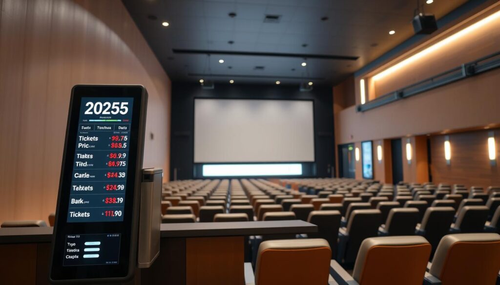 A modern movie theater interior in 2025, well-lit and spacious, with rows of comfortable seats and a large screen. In the foreground, a ticket booth with a digital display showcasing the current ticket prices for various movie showings. The background features a stylish lobby with minimalist decor and sleek architectural elements. The scene conveys a sense of anticipation and excitement for the moviegoing experience, reflecting the current trends and advancements in the cinema industry. A modern movie theater interior in 2025, well-lit and spacious, with rows of comfortable seats and a large screen. In the foreground, a ticket booth with a digital display showcasing the current ticket prices for various movie showings. The background features a stylish lobby with minimalist decor and sleek architectural elements. The scene conveys a sense of anticipation and excitement for the moviegoing experience, reflecting the current trends and advancements in the cinema industry.