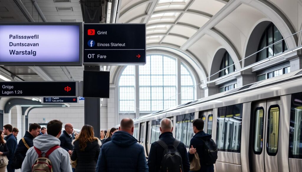 A modern, well-lit metro station in Warsaw, Poland. In the foreground, a group of commuters stand on a platform, waiting for the next train. Overhead, clear signage displays the station name and fare information. In the middle ground, the sleek, silver metro cars are visible, their doors open, inviting passengers aboard. The background features the elegant, architectural details of the station, with natural light streaming in through large windows. The overall scene conveys a sense of efficiency, urban sophistication, and the everyday experience of navigating the Warsaw metro system.
