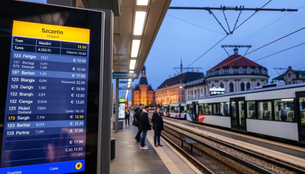 A modern, well-lit tram station in Szczecin, Poland. In the foreground, a digital display board shows the tram schedule, with routes, departure times, and other passenger information. The middle ground features several passengers waiting on the platform, some standing, others sitting on benches. The background showcases the city's architecture, with a mix of historic and contemporary buildings. The scene conveys a sense of efficiency and convenience, reflecting the ease of using electronic tickets for the Szczecin tram system.
