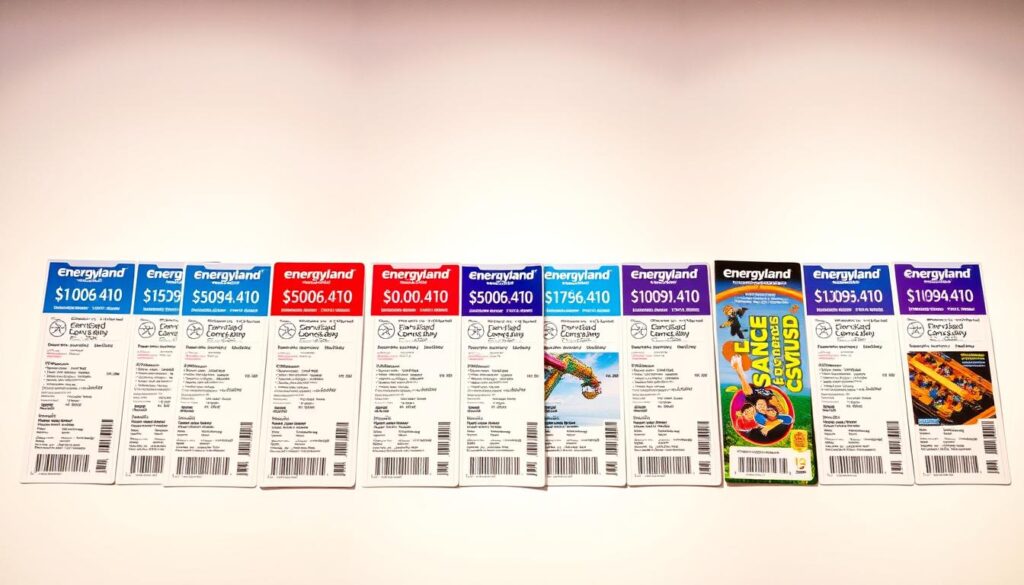 A neatly arranged display of various ticket types for Energyland amusement park, showcased against a brightly lit, clean background. The tickets are prominently featured, with clear distinctions between single-day, multi-day, and discounted options. The layout suggests a welcoming and informative presentation, suitable for an article section on Energyland's ticketing options. The image conveys a sense of anticipation and excitement, reflecting the vibrant atmosphere of the park. The lighting is soft and diffused, creating a pleasant, inviting ambiance. The camera angle provides a slightly elevated perspective, allowing the viewer to easily peruse the different ticket offerings.