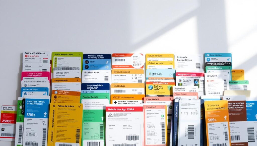 A neatly organized display of various bus tickets from Palma de Mallorca, Spain. The foreground showcases an array of colorful, laminated bus passes with clear labeling and iconography, highlighting the different ticket types available to commuters. The middle ground features a clean, minimalist background, allowing the tickets to take center stage. Soft, natural lighting from an overhead source casts gentle shadows, giving the image a sense of depth and dimension. The overall mood is informative and visually appealing, perfectly suited to illustrate the "Rodzaje biletów autobusowych na Majorce" section of the article. A neatly organized display of various bus tickets from Palma de Mallorca, Spain. The foreground showcases an array of colorful, laminated bus passes with clear labeling and iconography, highlighting the different ticket types available to commuters. The middle ground features a clean, minimalist background, allowing the tickets to take center stage. Soft, natural lighting from an overhead source casts gentle shadows, giving the image a sense of depth and dimension. The overall mood is informative and visually appealing, perfectly suited to illustrate the "Rodzaje biletów autobusowych na Majorce" section of the article.