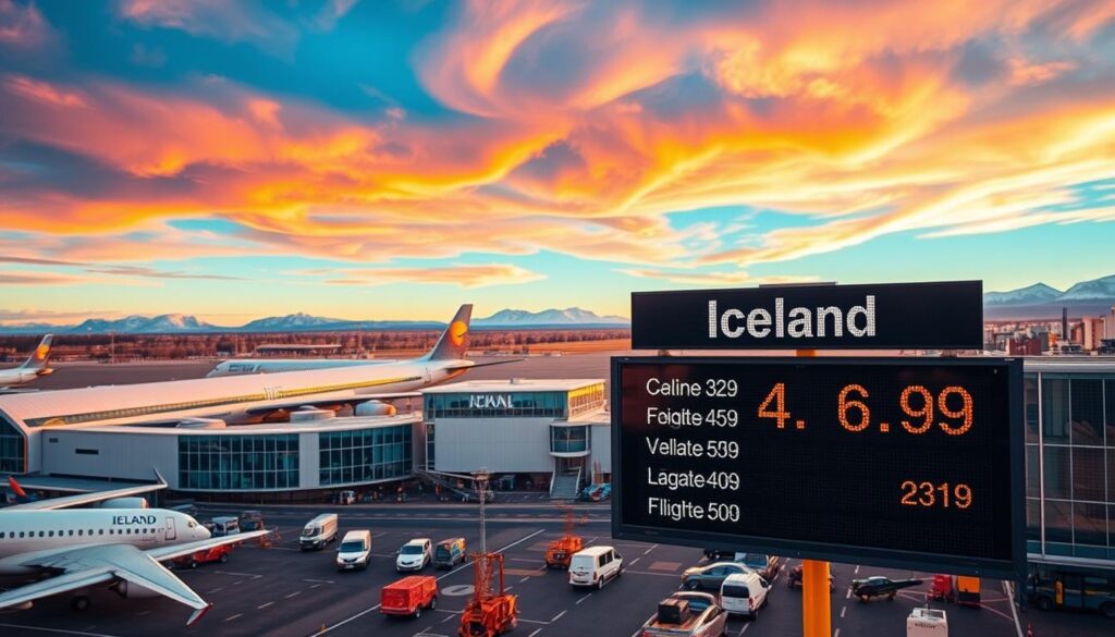 A picturesque aerial view of a bustling airport, with modern terminal buildings, sleek aircraft ready for takeoff, and a vibrant, colorful sky overhead. In the foreground, a large electronic departure board displays "Iceland" alongside enticing, budget-friendly flight prices, inviting travelers to embark on an affordable journey to the Nordic island nation. The scene is bathed in warm, golden light, creating a sense of excitement and anticipation for the adventures that await. The overall composition emphasizes the accessibility and affordability of flights to Iceland, perfectly aligning with the article's focus on finding cheap travel options.