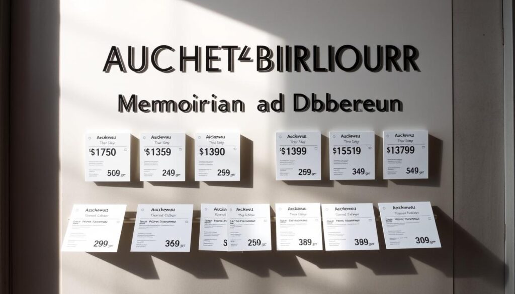 A pristine display of ticket prices at the entrance of the Auschwitz-Birkenau Memorial and Museum, captured under a soft, diffused natural lighting. The tickets are neatly arranged, their prices clearly visible on clean, white cards against a muted, neutral background. The overall scene conveys a sense of solemnity and reverence, inviting the viewer to reflect on the historical significance of this site. The composition is balanced, with the ticket display occupying the central focus, surrounded by just enough context to provide a sense of place without distracting from the main subject.