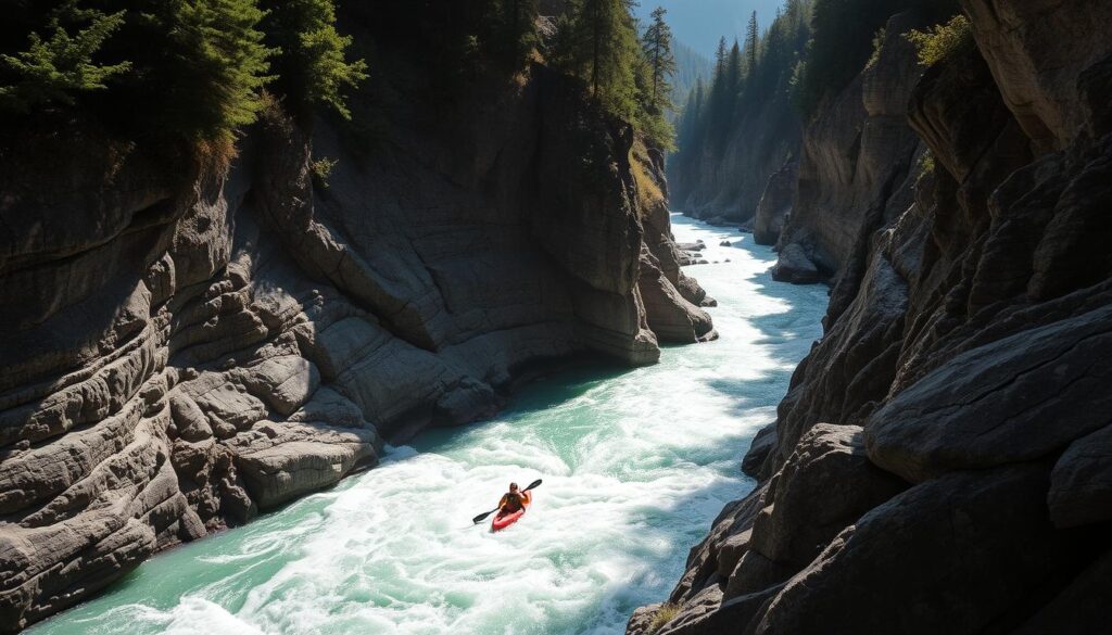 A rugged, swiftly flowing river snakes through a narrow, rocky gorge, its turquoise waters churning and frothing against the steep, craggy banks. Towering, pine-clad cliffs loom overhead, casting deep shadows and creating a sense of dramatic, almost foreboding, scale. The sunlight filters through the trees, casting a warm, dappled glow on the water's surface, hinting at the power and unpredictability of the Dunajec River. In the foreground, a lone kayaker navigates the treacherous rapids, their silhouette a testament to the skill and bravery required to conquer this challenging waterway. A rugged, swiftly flowing river snakes through a narrow, rocky gorge, its turquoise waters churning and frothing against the steep, craggy banks. Towering, pine-clad cliffs loom overhead, casting deep shadows and creating a sense of dramatic, almost foreboding, scale. The sunlight filters through the trees, casting a warm, dappled glow on the water's surface, hinting at the power and unpredictability of the Dunajec River. In the foreground, a lone kayaker navigates the treacherous rapids, their silhouette a testament to the skill and bravery required to conquer this challenging waterway.