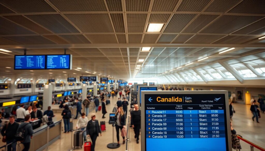 A scenic, panoramic view of a busy international airport terminal, with rows of check-in counters, electronic departure boards, and bustling travelers navigating through the spacious, well-lit concourse. In the foreground, a display board showcases flight information and prices for round-trip flights to various Canadian destinations, the focus being on the cost of a ticket to Canada and back. The scene is captured with a wide-angle lens, creating a sense of depth and scale, and the lighting is natural and evenly distributed, highlighting the modern and efficient atmosphere of the airport. The overall mood is one of excitement and anticipation, reflecting the journey and experience of international travel.